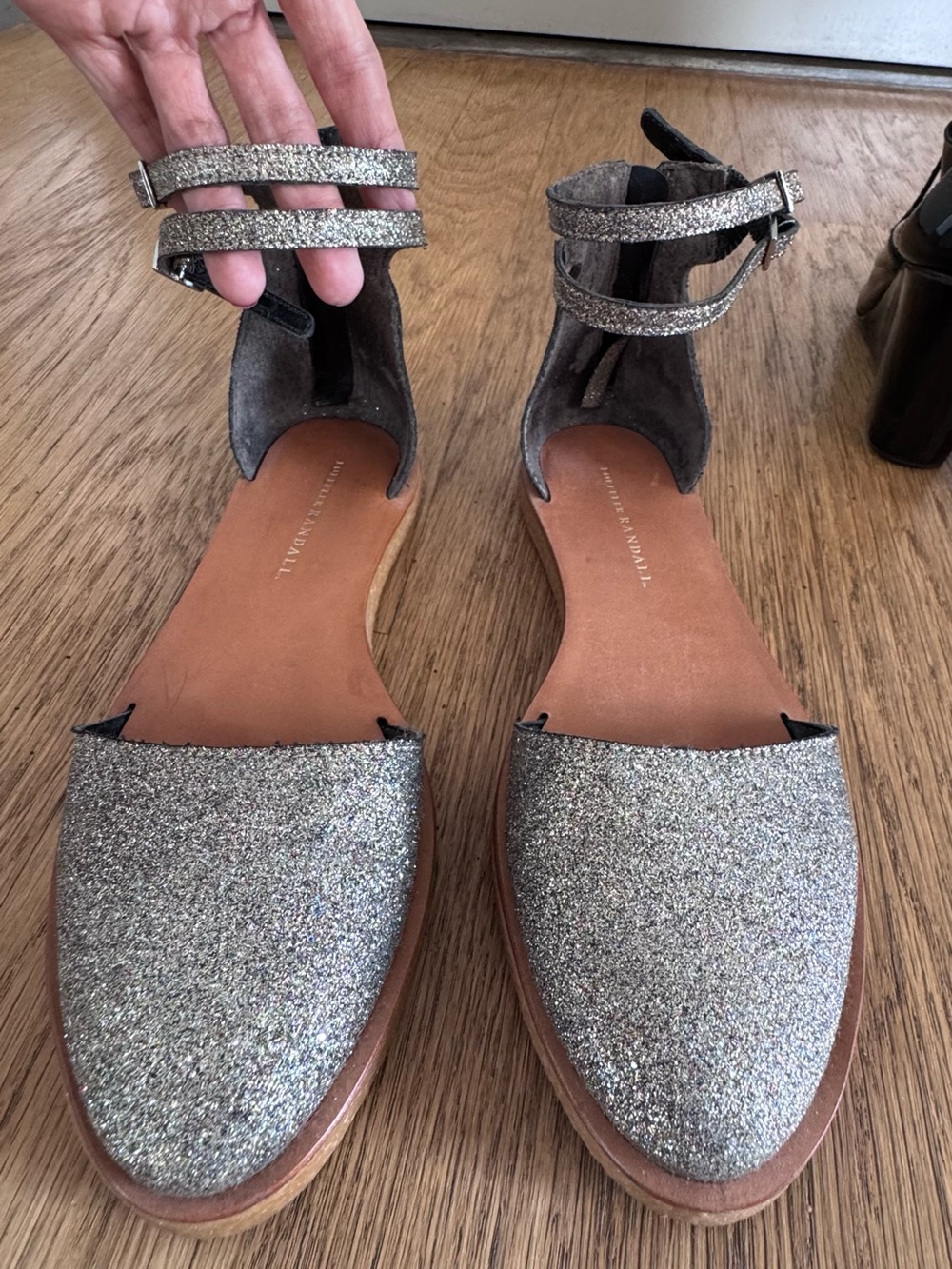 Loeffler Randall Silver Glitter Ankle-Strap Flats